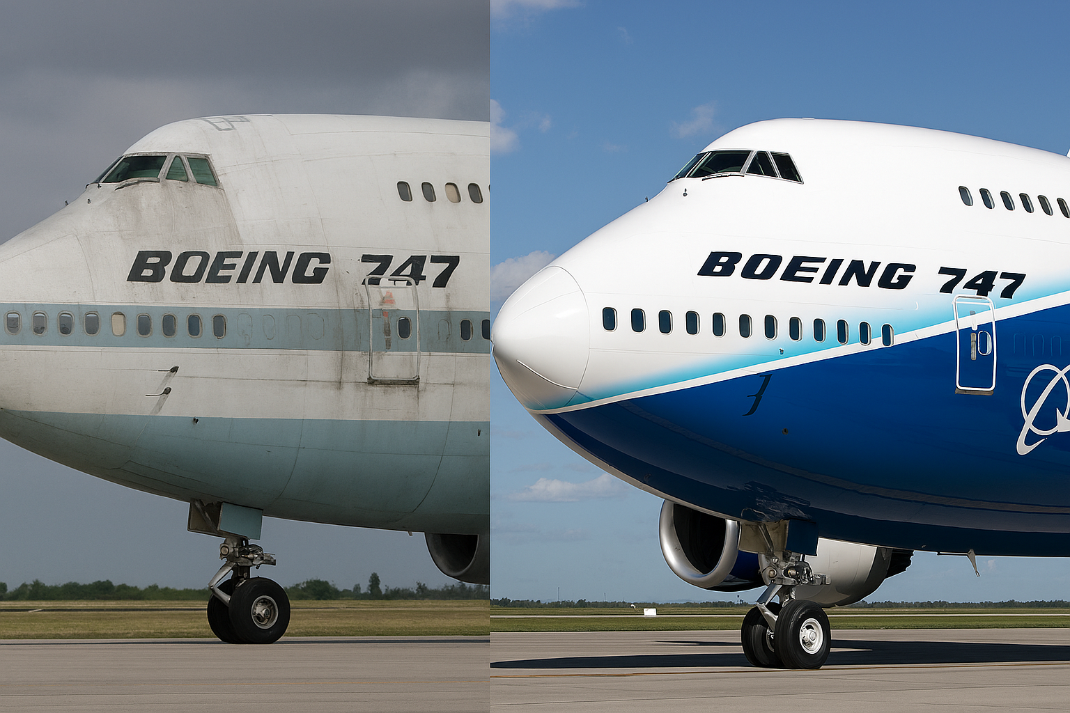 Side-by-side aircraft comparison; left worn, right restored